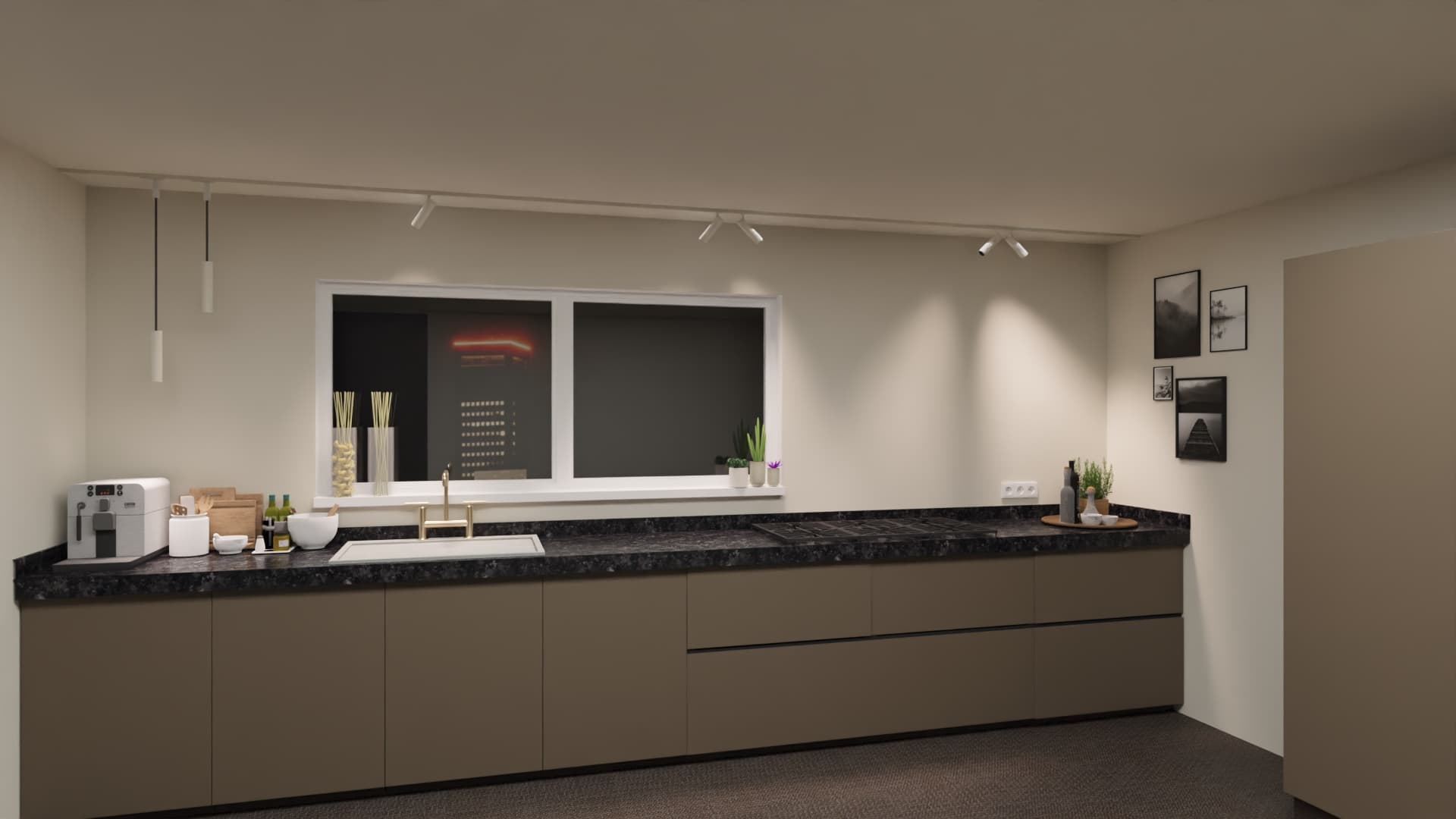 Keuken met witte railspots boven het werkblad