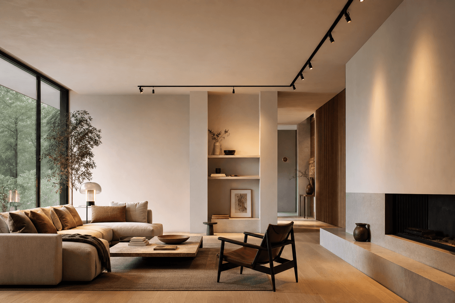 Warme woonkamer met spots op rail als inspiratie voor railverlichting