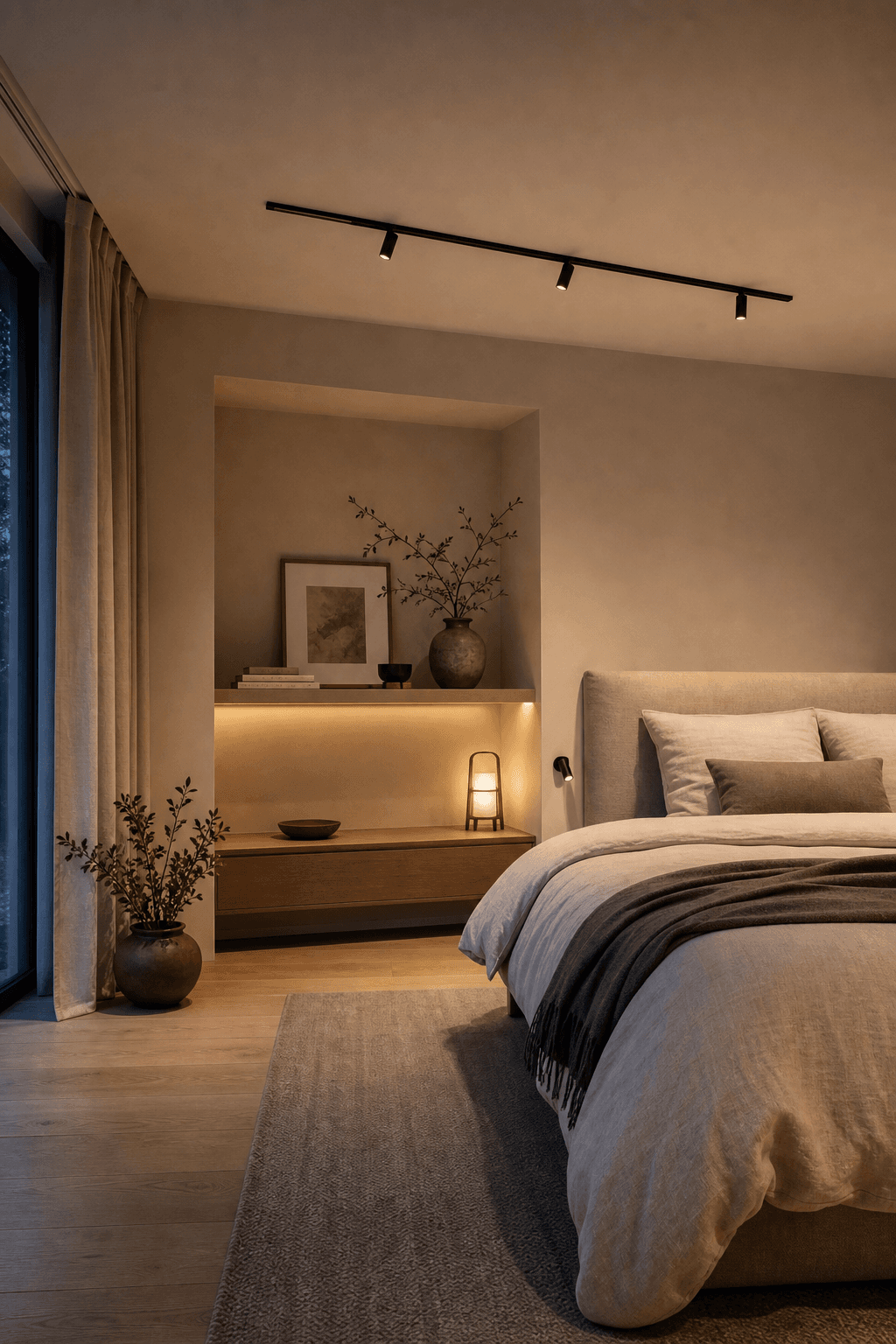 Slaapkamer met warme railspots voor inspiratie een Japandi interieur met subtiele railverlichting
