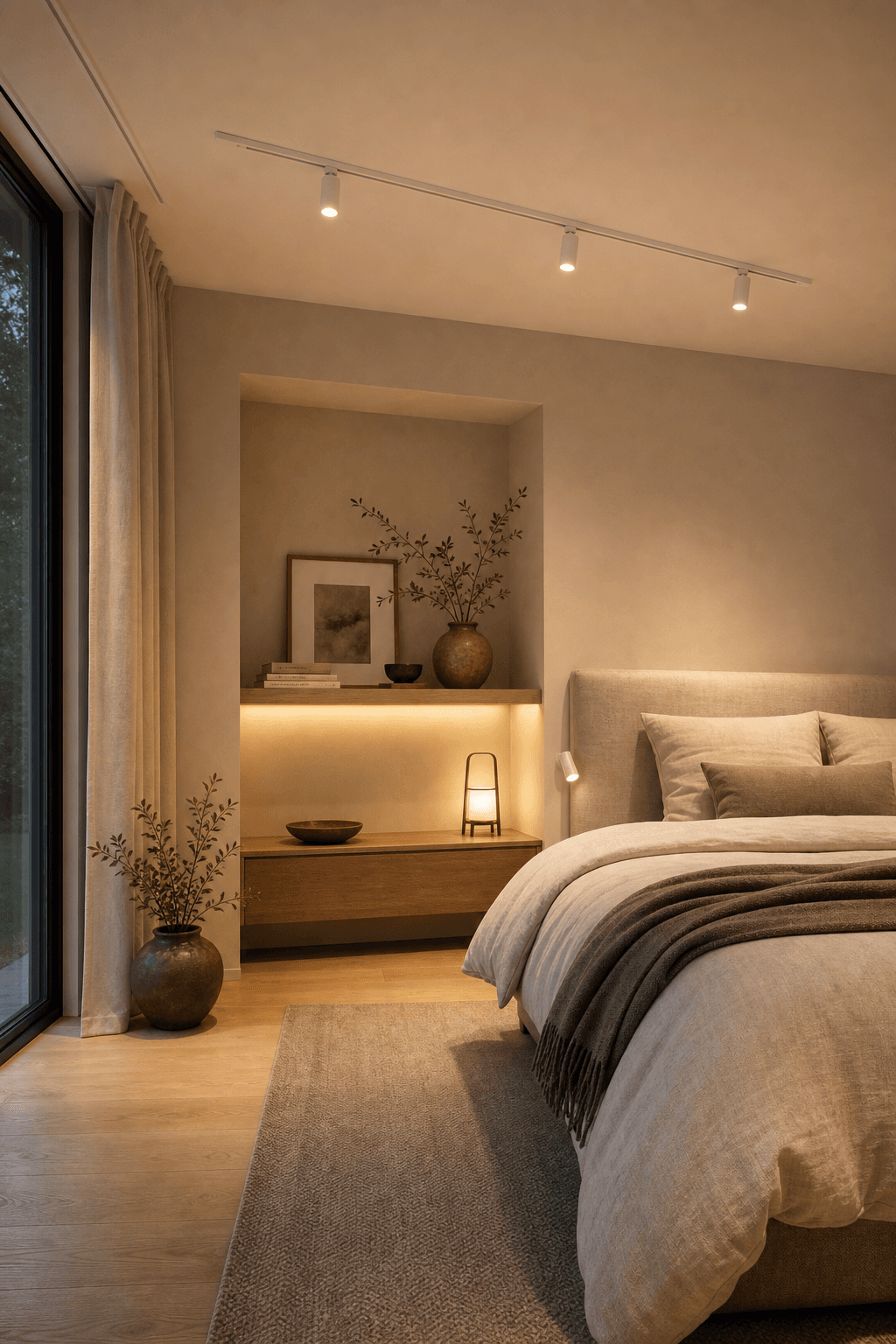 Slaapkamer met witte dimbare railspots