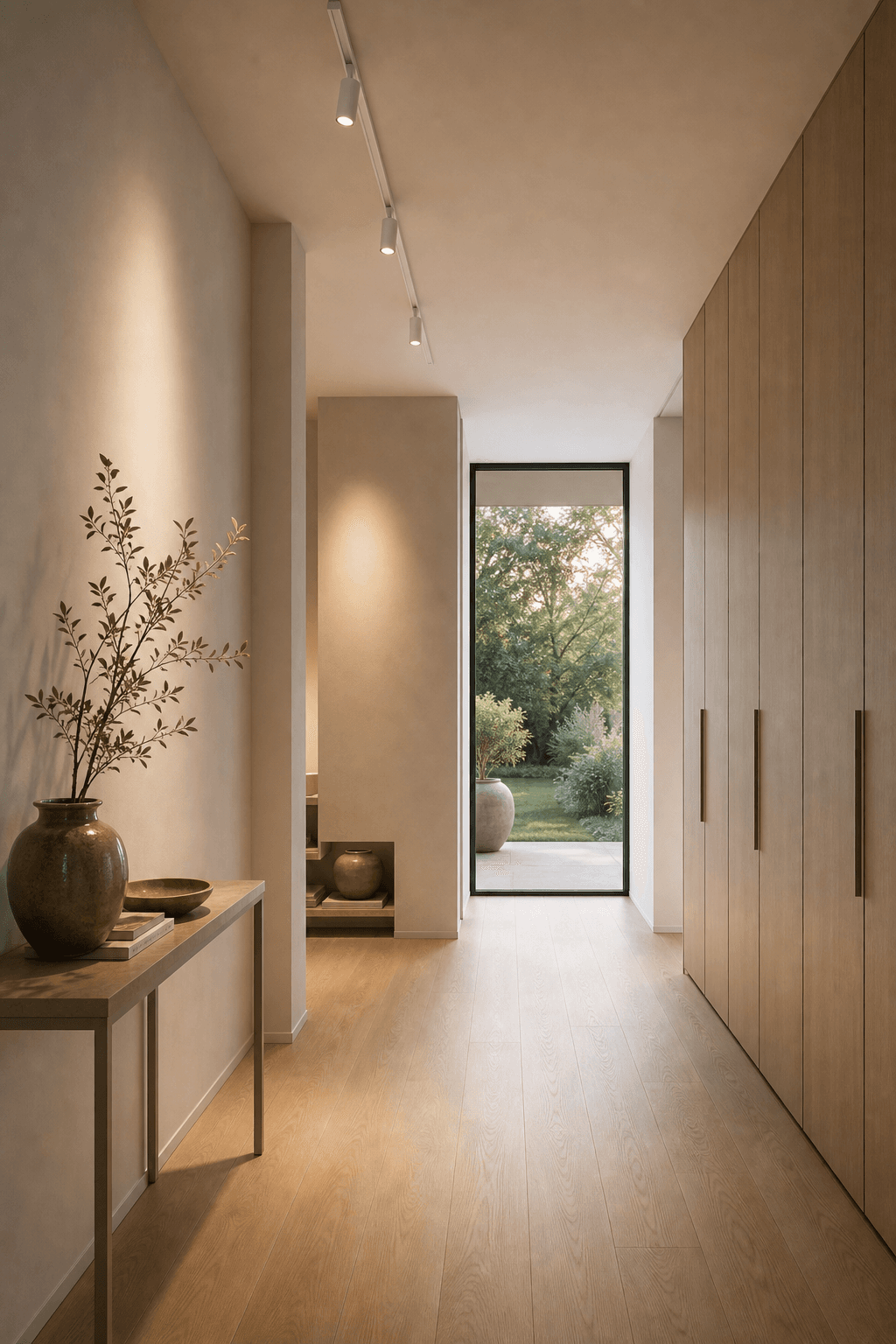 Minimalistische ruimte met witte spots op rail