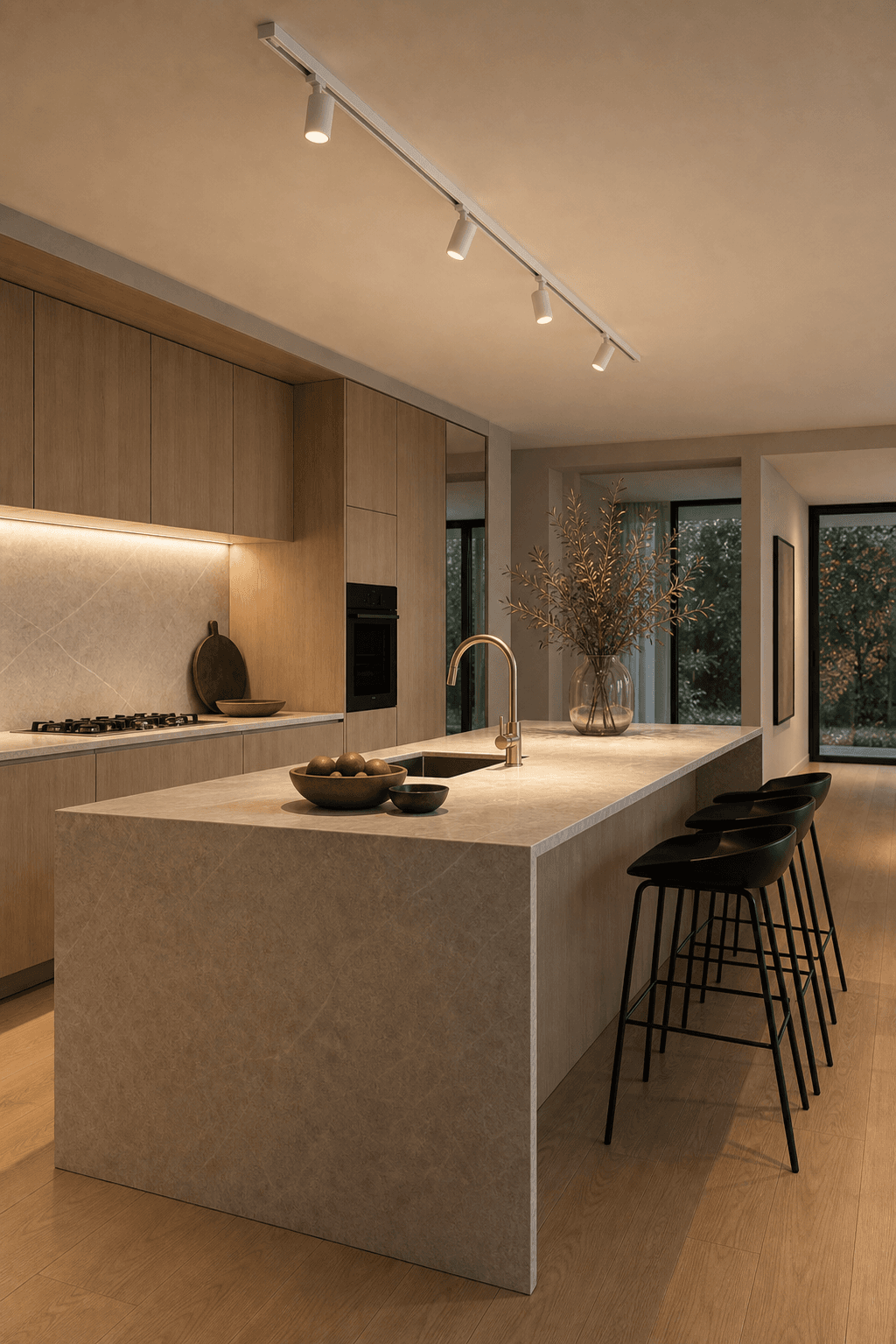Lichte keuken met witte spots op rail voor inspiratie een Japandi interieur met subtiele railverlichting