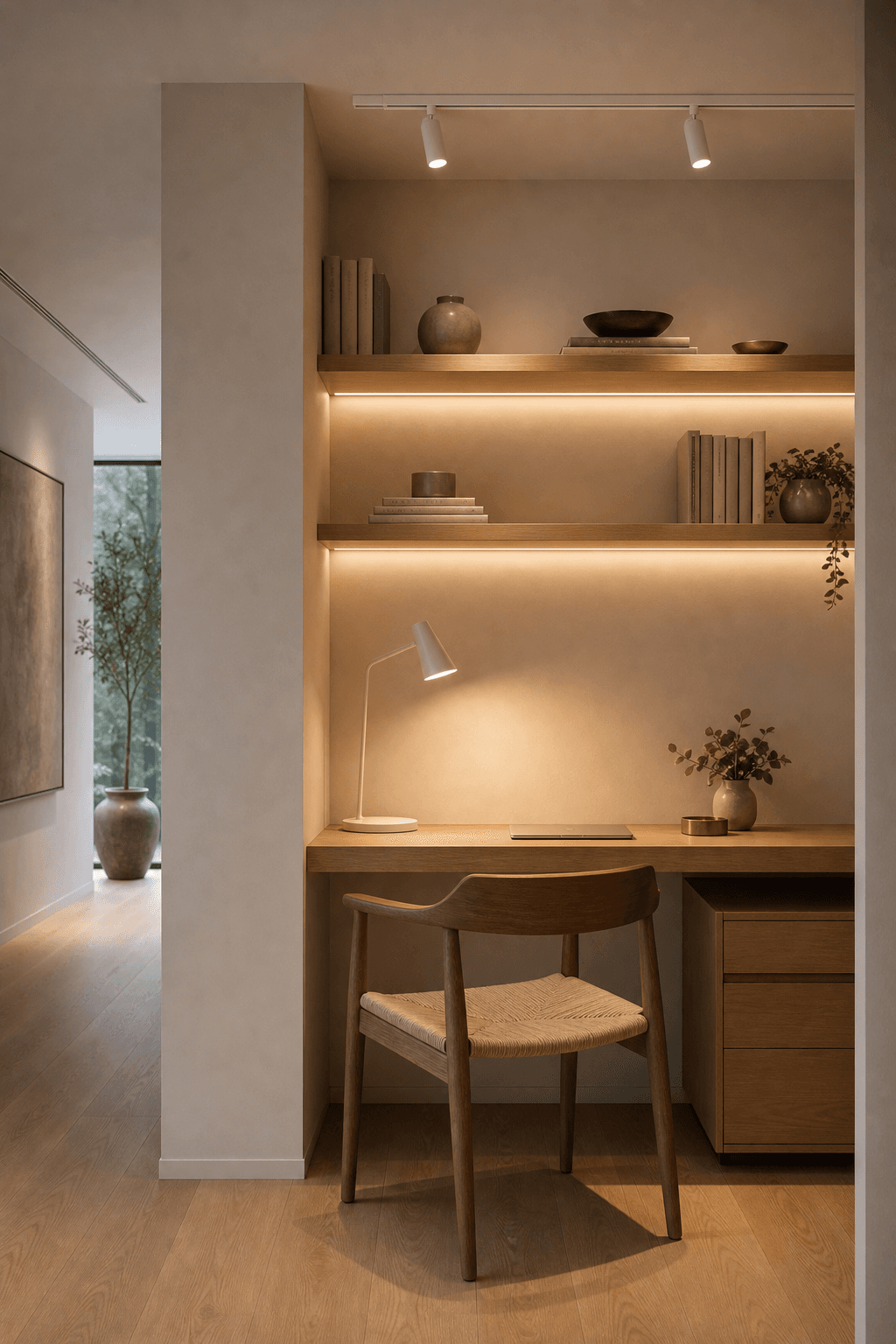 Werkruimte in nieuwbouwwoning met witte railspots